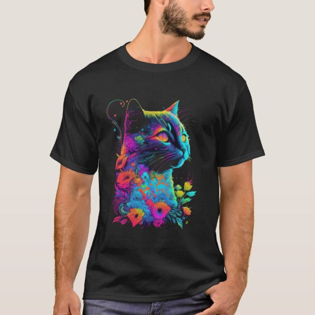 Bunte Katzenblume Psychedelische Kunst T-Shirt (Vorderseite)