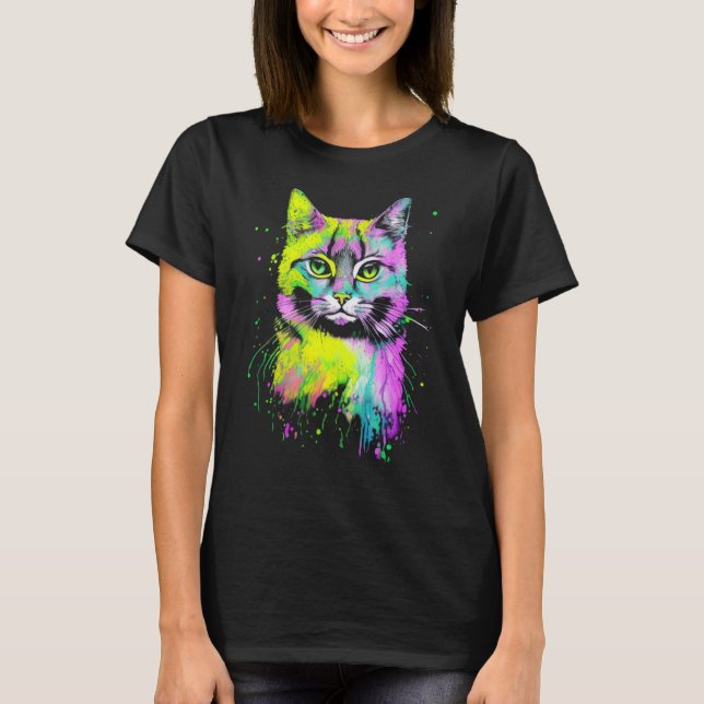 Bunte Katzenporträt T-Shirt (Vorderseite)
