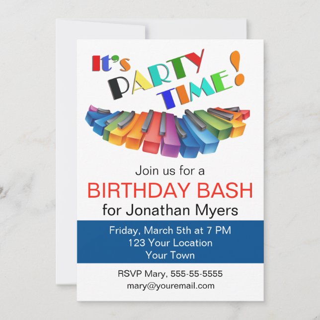 Bunte Keyboard-Geburtstagsparty Einladung (Vorderseite)