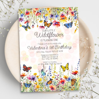 Bunte kleine Wildblume Schmetterlinge zum Geburtst Einladung