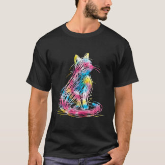 Bunte Kritzelkatze Minimale Linienkunst Japanisch  T-Shirt