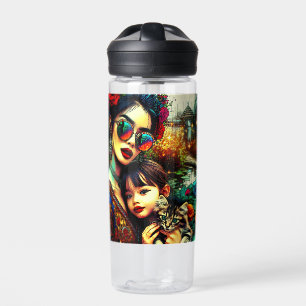 Bunte Kunst Mutter und Tochter asiatischer Blumeng Trinkflasche