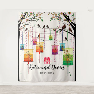 Bunte Laternen-Baum-Vogel-chinesische Hochzeit Wandteppich