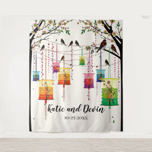 Bunte Laternen Kirschbaum Vögel Hochzeit/Regenguss Wandteppich
