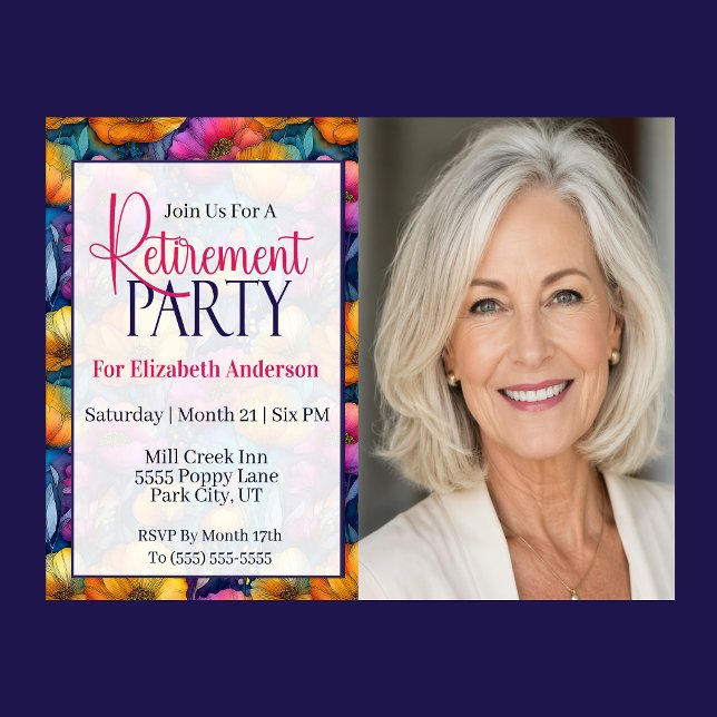 Bunte Lebendige Mohnblumen-Ruhestandsfeier Einladung (Colorful vibrant poppy flower retirement party invitation with elegant floral border and photo space)