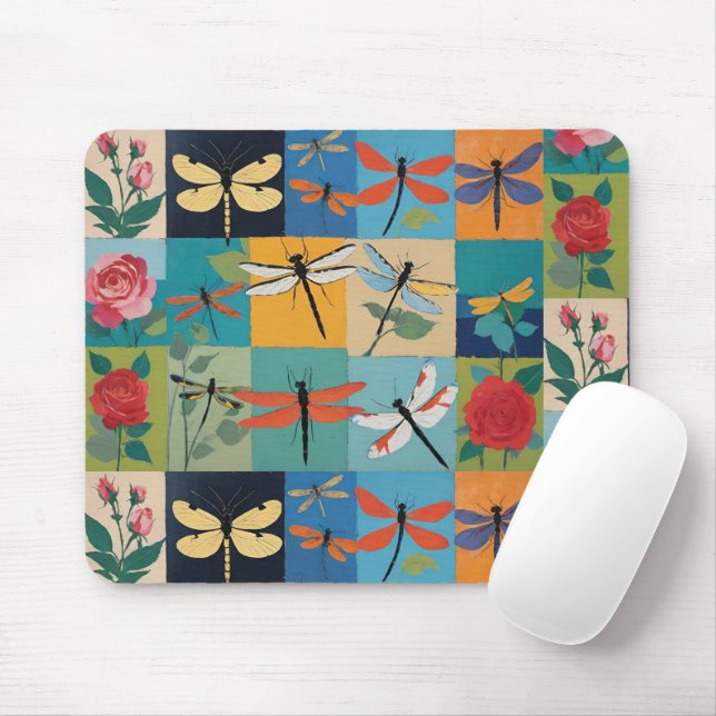 Bunte Libellen und Rosen Patchwork Mousepad (Mit Mouse)
