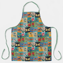 Bunte Libellen und Rosen Patchwork Schürze