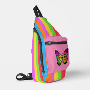 Bunte Linien Regenbogen Schmetterling Rosa Hinterg Crossbody Bag