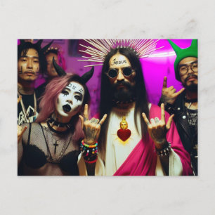 Bunte lustige Retro-Punk-Rock-Party Jesus Postkarte