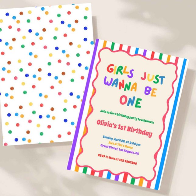 Bunte Mädchen wollen einfach nur einen Geburtstag  Einladung (Girls Just Wanna Be One Birthday Invitation, Rainbow First Birthday Invite, Colorful 1st Birthday Pa)