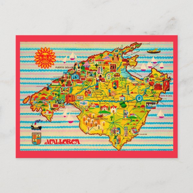 Bunte Mallorca Spanien Karte Postkarte (Vorderseite)