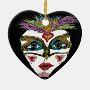 Bunte Mardi Gras Glitter Feder Maske Keramik Ornament