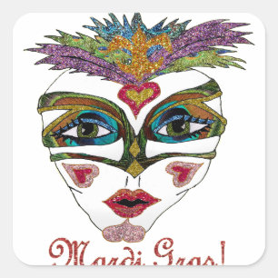 Bunte Mardi Gras Glitter Feder Maske Quadratischer Aufkleber
