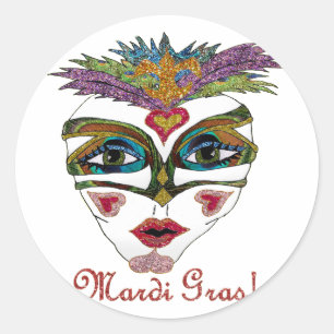 Bunte Mardi Gras Glitter Feder Maske Runder Aufkleber