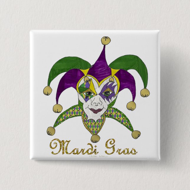Bunte Mardi Gras Narrenmaske Button (Vorderseite)