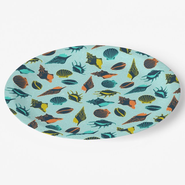 Bunte Meeresmuscheln Pappteller (Schrägansicht)