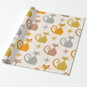 Bunte Mid Century Atomic Katzen mit Sternenexplosi Geschenkpapier