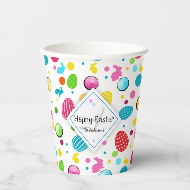 Bunte Ostereier, Bunnies, Mit Monogramm Kuchen Pappbecher (Vorderseite)