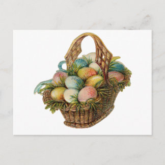 Bunte Ostereier füllen einen Vintagen Ostern-Korb Feiertagspostkarte