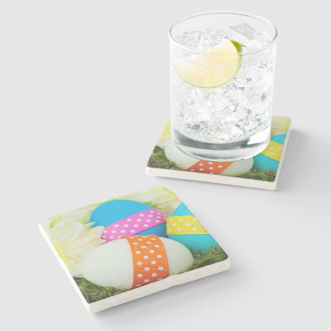 Bunte Ostereier, glückliche Ostern, Urlaub Steinuntersetzer (Seitenansicht)