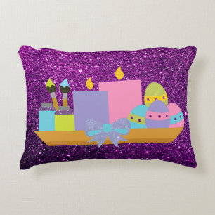 Bunte Ostereier u. Kerzen lila Imitat-Glitzer- Zierkissen