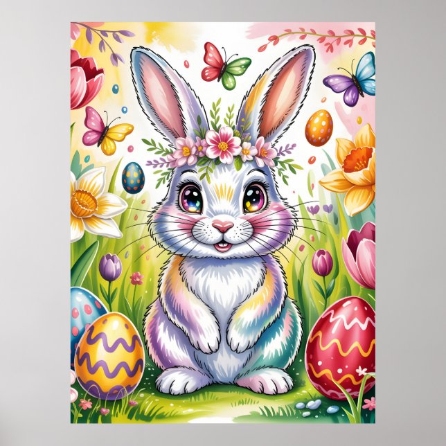 Bunte Osterhasen-Illustration mit Krone  Poster (Vorne)