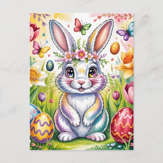 Bunte Osterhasen-Illustration mit Krone  Postkarte (Vorderseite)