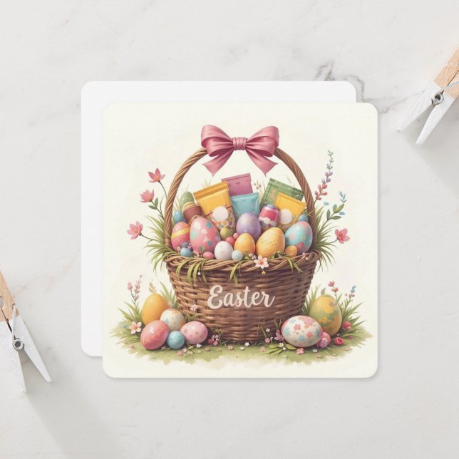 Bunte Osterkörbchen-Kunst Einladung (Vorderseite/Rückseite Beispiel)
