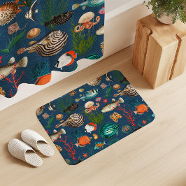 Bunte Ozeanien-Fische auf marineblauem Hintergrund Badematte