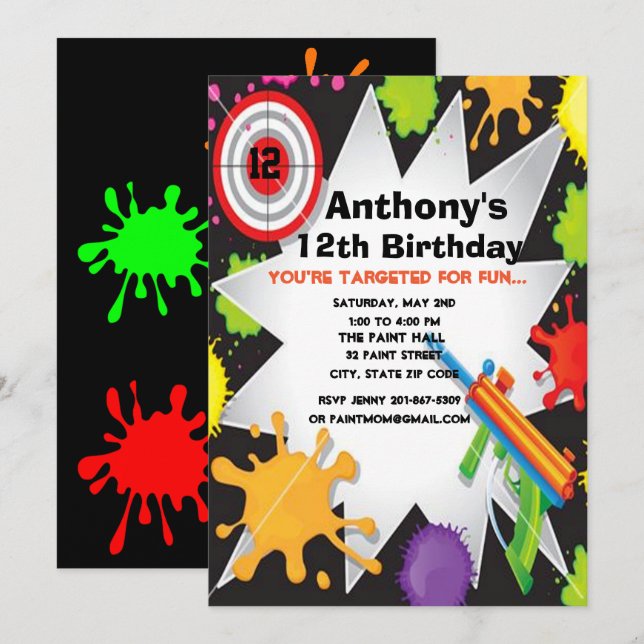 Bunte Paintball-Geburtstags-Party Einladung (Vorne/Hinten)