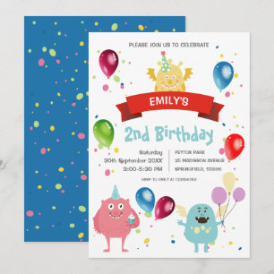 Bunte Pastell-Monster-Bash-Ballon-Kinder-Geburtsta Einladung