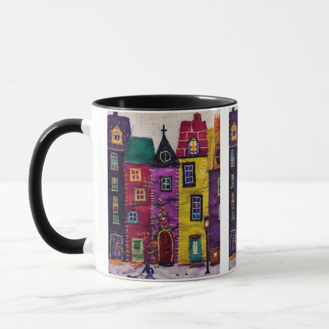 Bunte Patchwork-Häuser Textilkunst Tasse (Links)