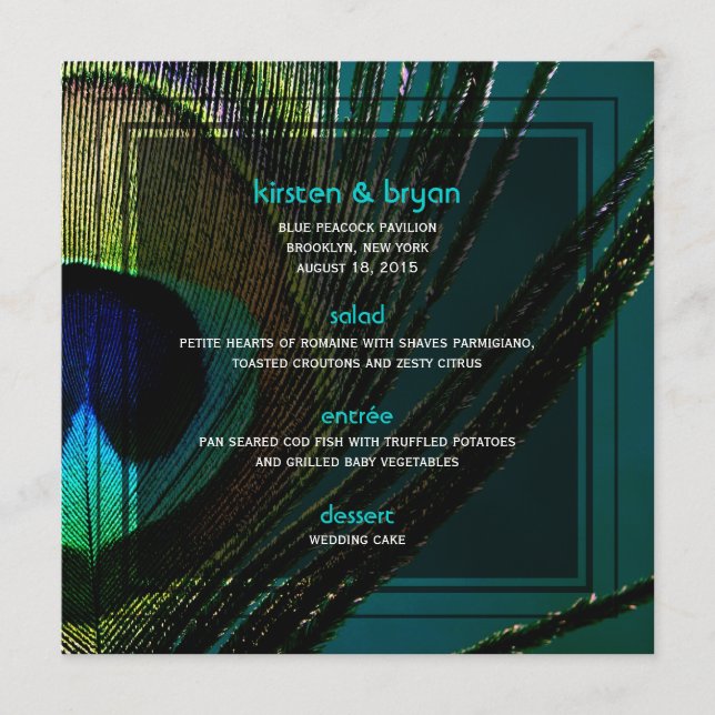 Bunte Pfau-Feder-Foto Boho Chic-Hochzeit Menükarte (Vorderseite)