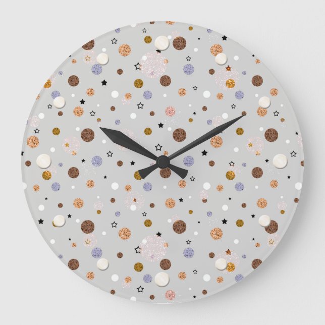 Bunte Polka-Punkte auf Grau. Große Wanduhr (Vorderseite)
