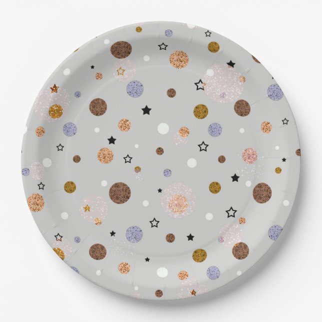 Bunte Polka-Punkte auf Grau. Pappteller (Vorderseite)