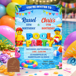 Bunte Pool-Jungs-Feier zum gemeinsamen Geburtstag Einladung