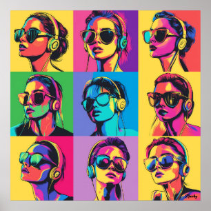 Bunte Pop-Art-Frauen mit Sonnenbrille und Kopfhöre Poster