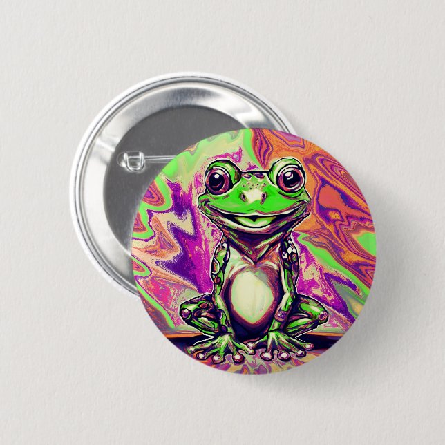 Bunte psychedelische Graffiti-Frosch Grün Lila Button (Vorne & Hinten)