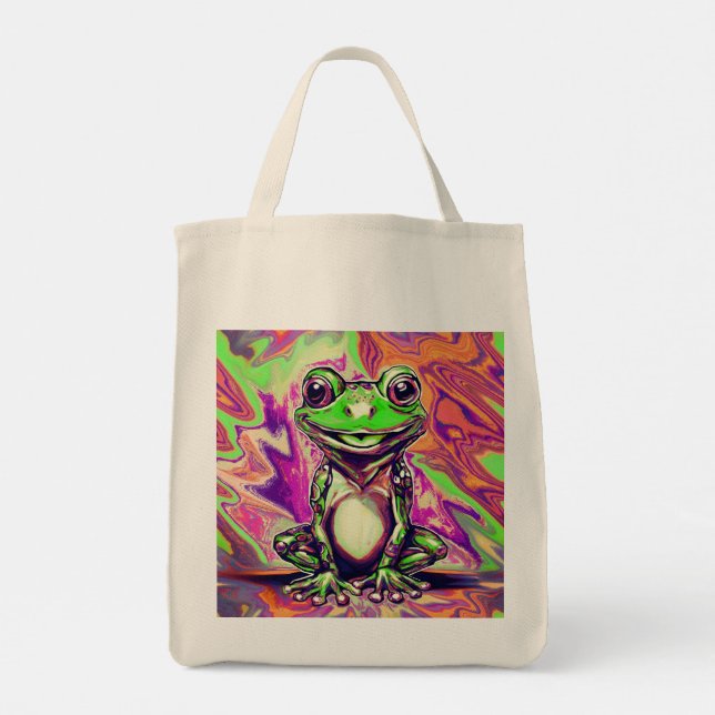 Bunte psychedelische Graffiti-Frosch-Grün-Lila Tragetasche (Rückseite)