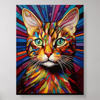 Bunte psychedelische Katzenporträt-Buntglasdarstel Poster