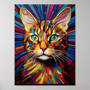 Bunte psychedelische Katzenporträt-Buntglasdarstel Poster