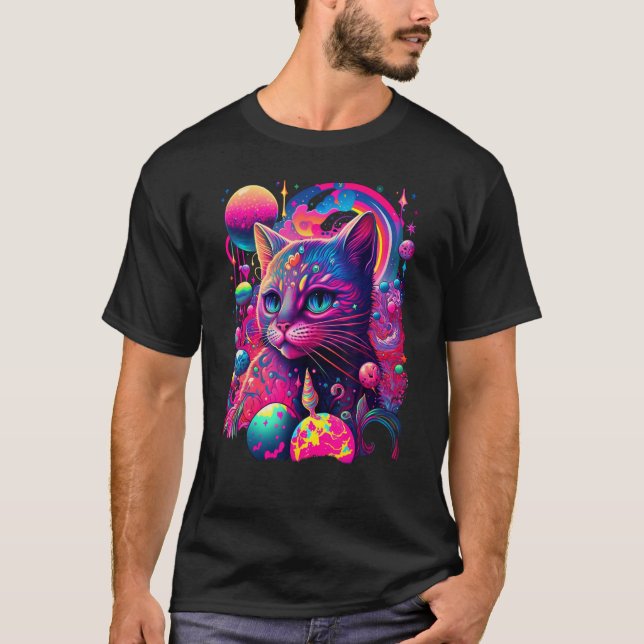 Bunte Regenbogen-Katzen-Grafik T-Shirt (Vorderseite)