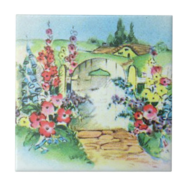 Bunte Retro Art-Vintager Land-Blumen-Garten Fliese (Vorderseite)