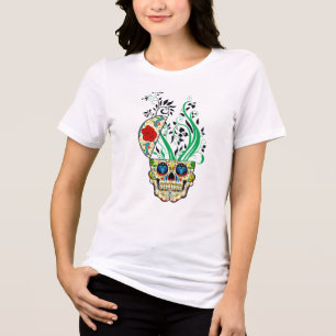 Bunte Retro-Blumen-Zuckerschädel rote Rosen Tri-Blend Shirt