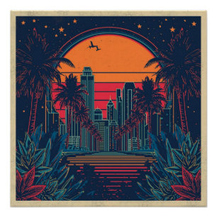 Bunte Retro-Futuristische Doodle-Style-Skyline Poster