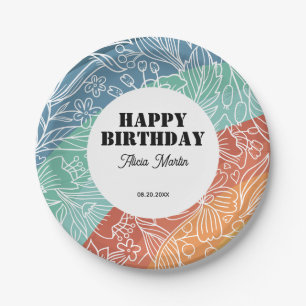 Bunte Retro-Groovy-Regenbogen-Blumen-Geburtstag Pappteller