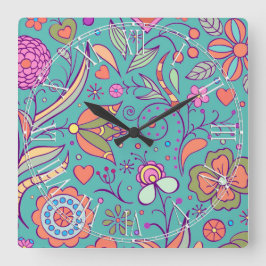 Bunte Retro Hippy Chic-Blume mit Blumen Quadratische Wanduhr