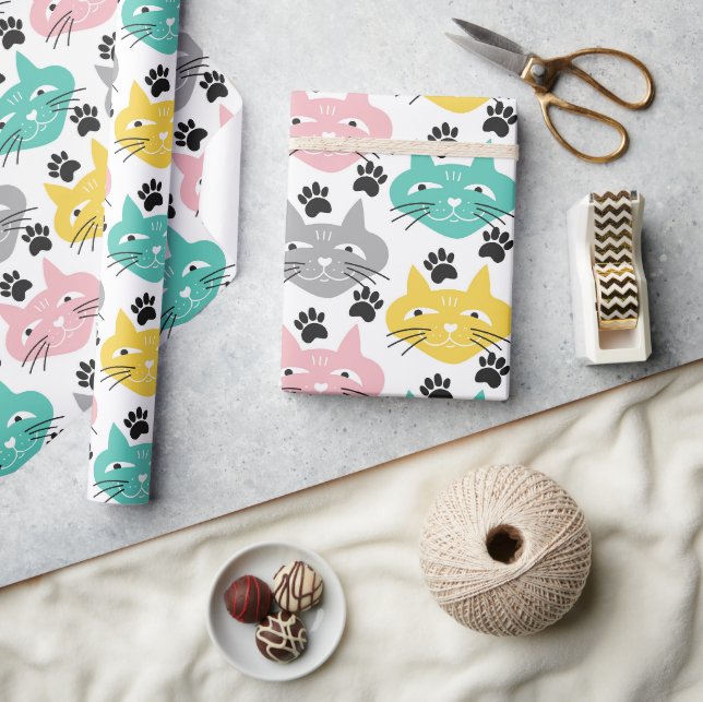 Bunte Retro-Katzen Geschenkpapier (Kunsthandwerk)