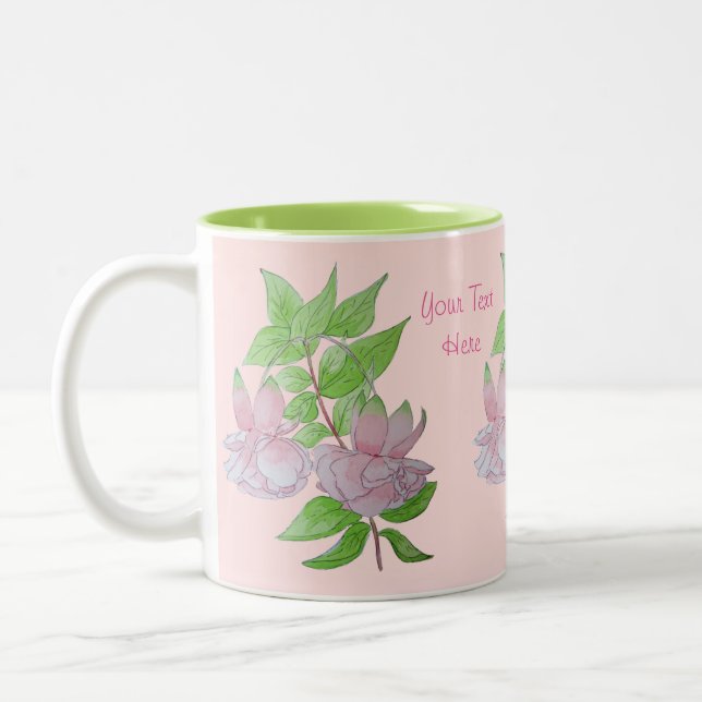 bunte rosa Blume mit Blättern hübsch Zweifarbige Tasse (Links)