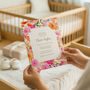 Bunte rosa-orange Blumenrahmung Baby Shower Einladung